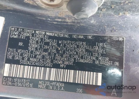 2006 Toyota Sienna Ce z USA, uszkodzony, nr VIN 5TDZA23C46S575682